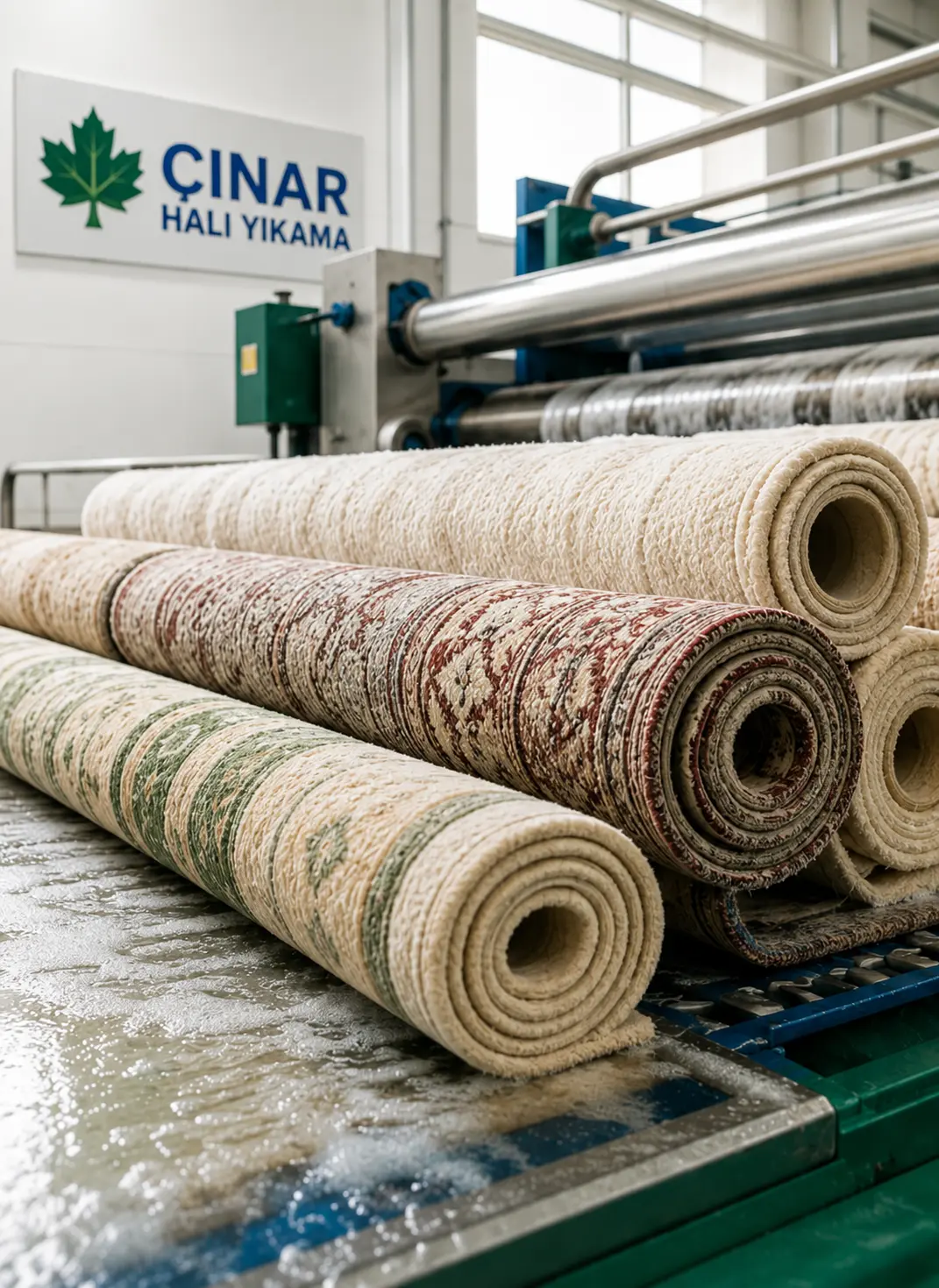 Çınar Halı Yıkama fabrikasında temizlenmiş ve rulo yapılmış halılar